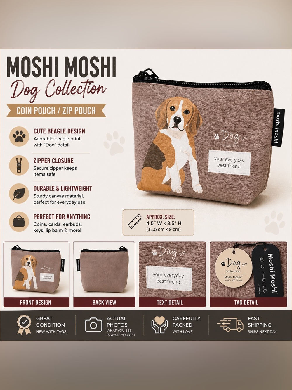 Dog Collection Beagle Zip Pouch - Taupe